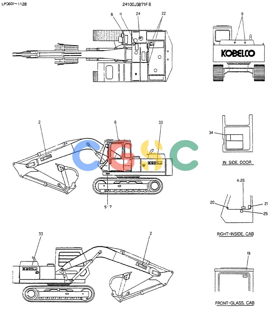 神钢零件查询(K905LC) - EXCAVATOR BTW YP0115 - YP0301 (1/85-12/03) (10-011) - LABLE,NAME- PLATE P/N 24100J3871F8 Kobelco