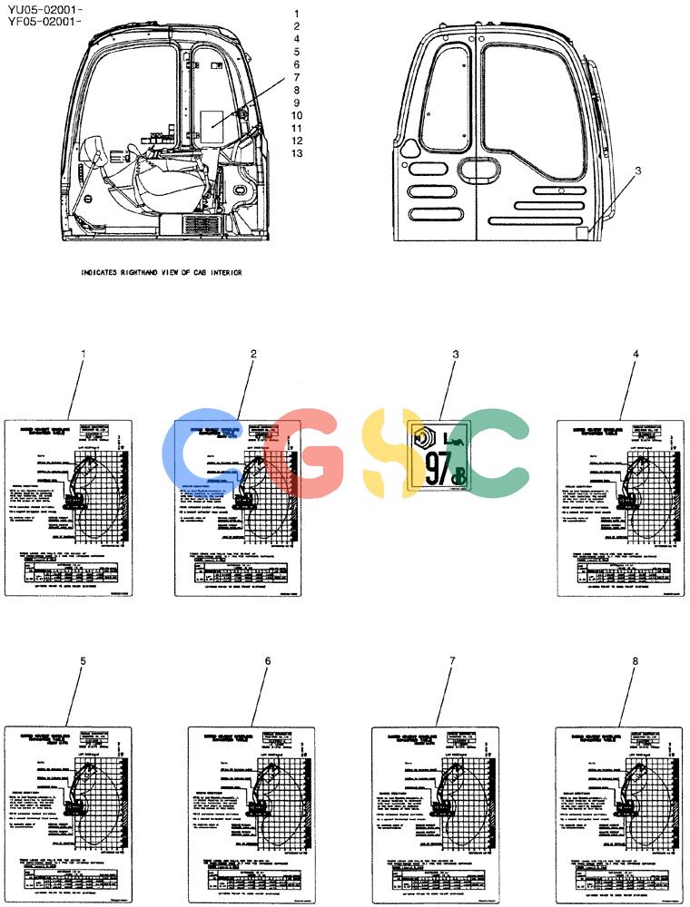 纽荷兰零件查询(E235BSRNLC) - CRAWLER EXCAVATOR ASN YU05-02001 (07-004[01]) - NAME PLATE INSTAL (CAB) P/N YB22T00066F1 New Holland Constructuion