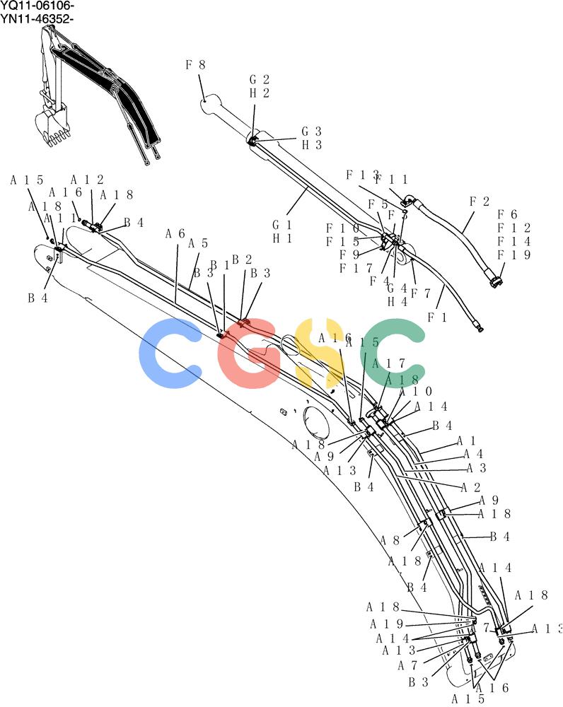 神钢零件查询(200-8) - EXCAVATOR S/N YN11-45001 - (1/06-12/09) (500-01A-1) - HYD LINES, BOOM (BOOM SAFETY) Kobelco