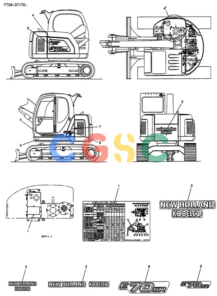 纽荷兰零件查询(E70SR) - MIDI CRAWLER EXCAVATOR ASN YT04-07175 (06-005) - NAME PLATE INSTAL (MACHINE NAME) New Holland Constructuion