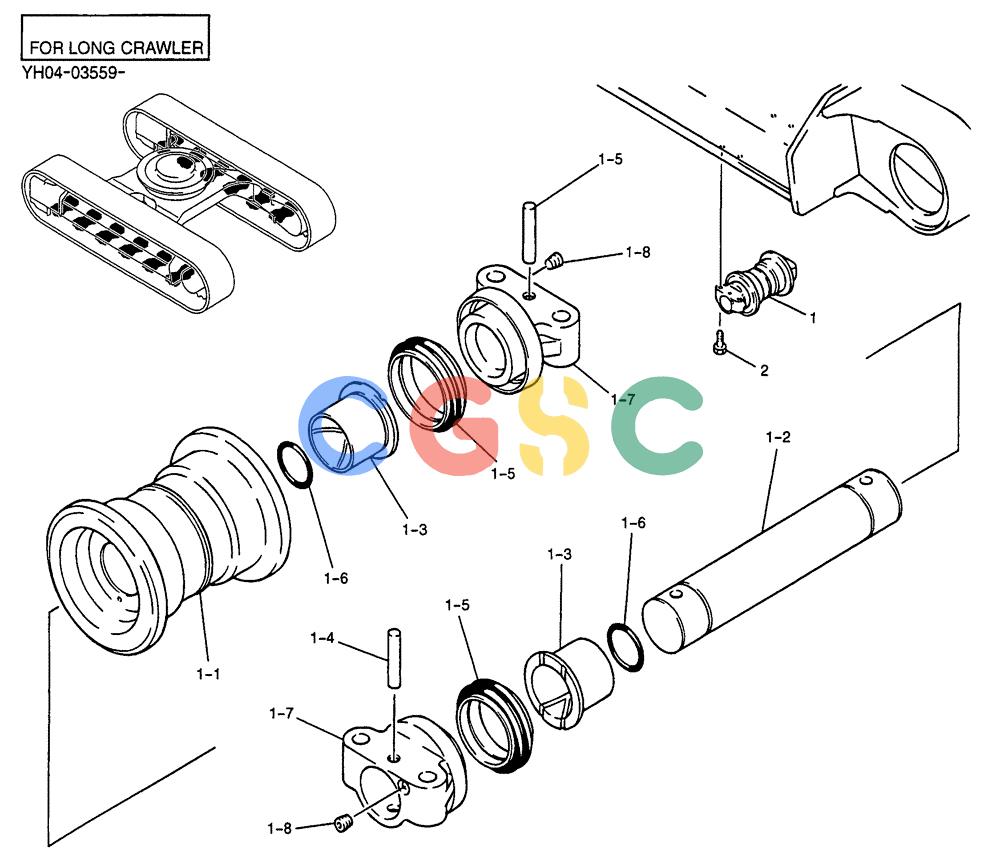 纽荷兰零件查询(E135SR) - CRAWLER EXCAVATOR ASN YY04-06254 (02-015) - TRACK ROLLER ASSY (FOR HD) (FOR LONG CRAWLER), P/N YY64D00021F1 New Holland Constructuion