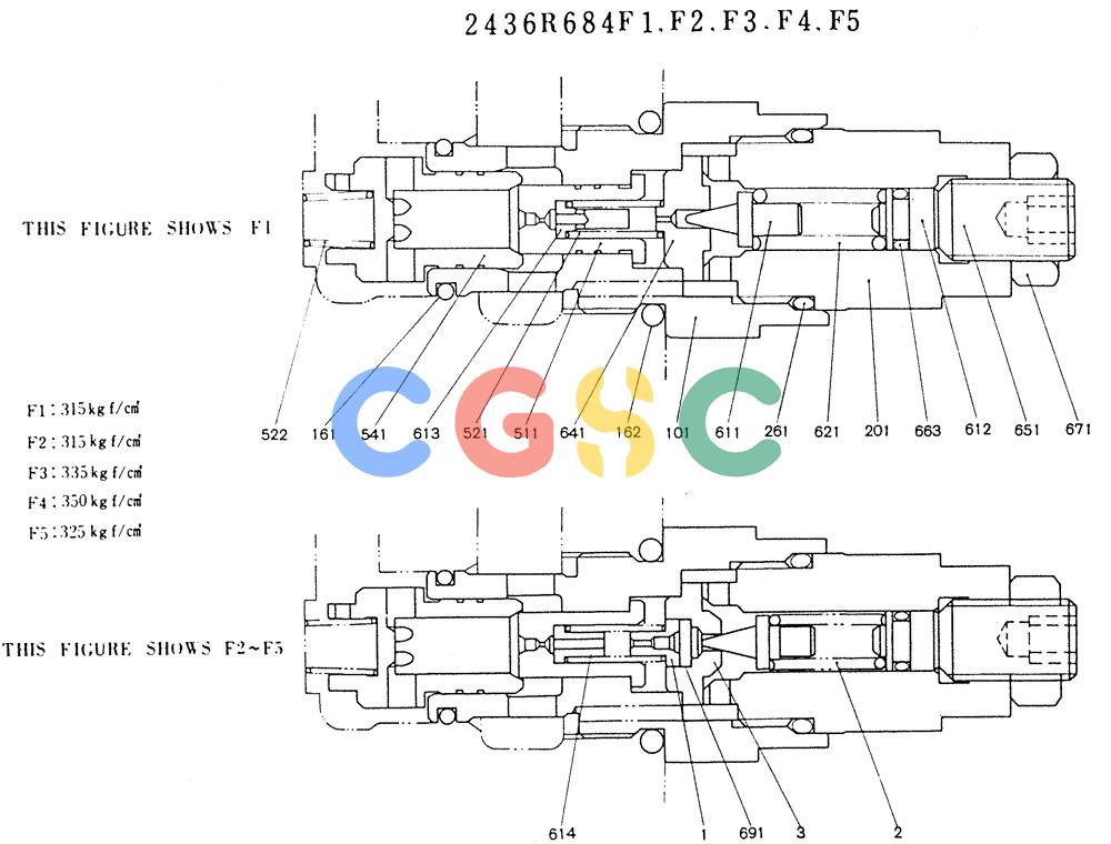 神钢零件查询(K905LC) - MARK II EXCAVATOR BTW YP1001 - YP1281 (1/87-12/03) (11-005) - VALVE ASSY, PORT RELIEF (P/N 2436R684F1-F5) Kobelco