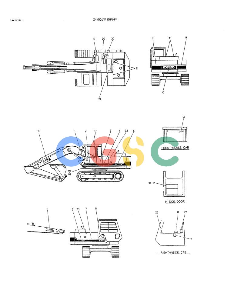 神钢零件查询(K904DL) - EXCAVATOR ASN LX1201 (1/84-12/03) (17-004) - LABEL, NAME PLATE P/N 24100J5110F1,F4 Kobelco