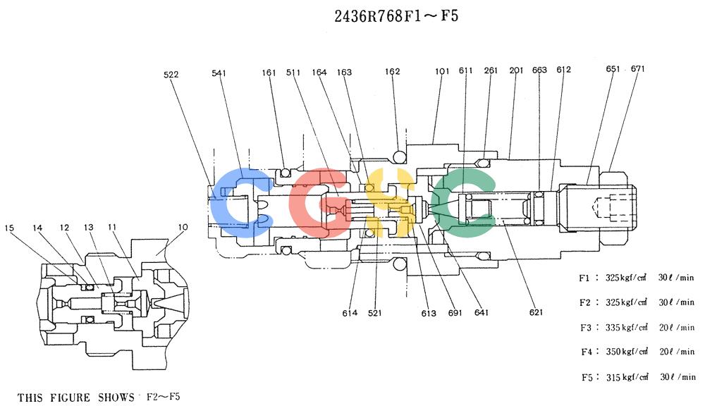 神钢零件查询(K905LC) - MARK II EXCAVATOR BTW YP1001 - YP1281 (1/87-12/03) (11-008) - VALVE ASSY, PORT RELIEF (P/N 2436R768F1-F5) Kobelco