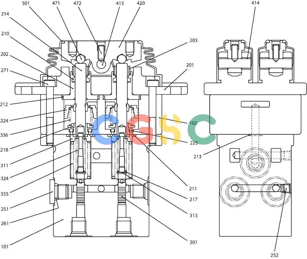 纽荷兰零件查询(E35SR) - COMPACT CRAWLER EXCAVATOR ASN PX13-15001 (N6TN61732) (NA) (1/06-) (07-038) - VALVE ASSY, PILOT (PROPELLING) New Holland Constructuion