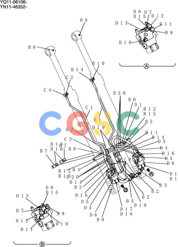 神钢零件查询(200-8) - EXCAVATOR S/N YN11-45001 - (1/06-12/09) (852-01A-2) - HYD LINES, BOOM 7.0M (23FT) (40FT LONG RANGE) Kobelco