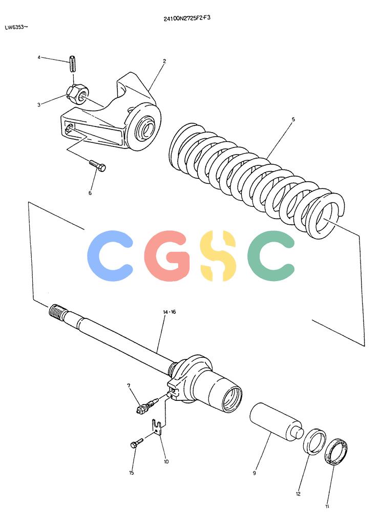 神钢零件查询(K904DL) - EXCAVATOR ASN LX1201 (1/84-12/03) (05-010) - SPRING ASSY, TRACK P/N 24100N2725F2, F3 Kobelco