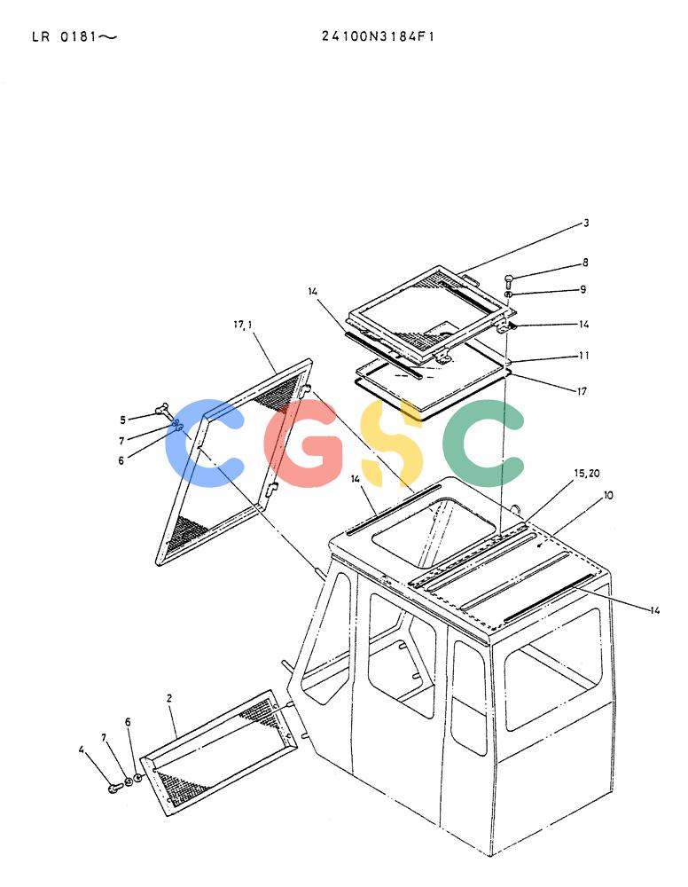 神钢零件查询(K914) - EXCAVATOR ASN LR-0143 (1/79-12/03) (02-016) - GUARD ASSY, CAB P/N 24100N3184F1 Kobelco
