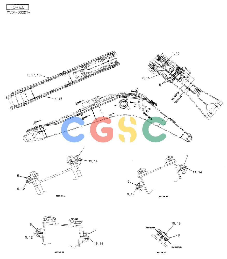 神钢零件查询(BREAKER) - ATTACHMENT (N&B) - SK115SR & SK135SR - ASN YV04, YY04, YH04-03001 (9/04-) (02-009) - HYD LINES, BOOM 4.26M (NIBBLER & BREAKER) Kobelco