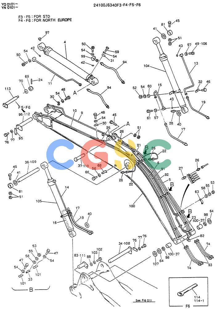 神钢零件查询(K907LC) - MARK II EXCAVATOR BTW YQ0101 - YQ0564 (1/87-12/03) (07-002) - BOOM ASSY, 5.6M (18FT-4IN) 24100J6340F4,F6 Kobelco