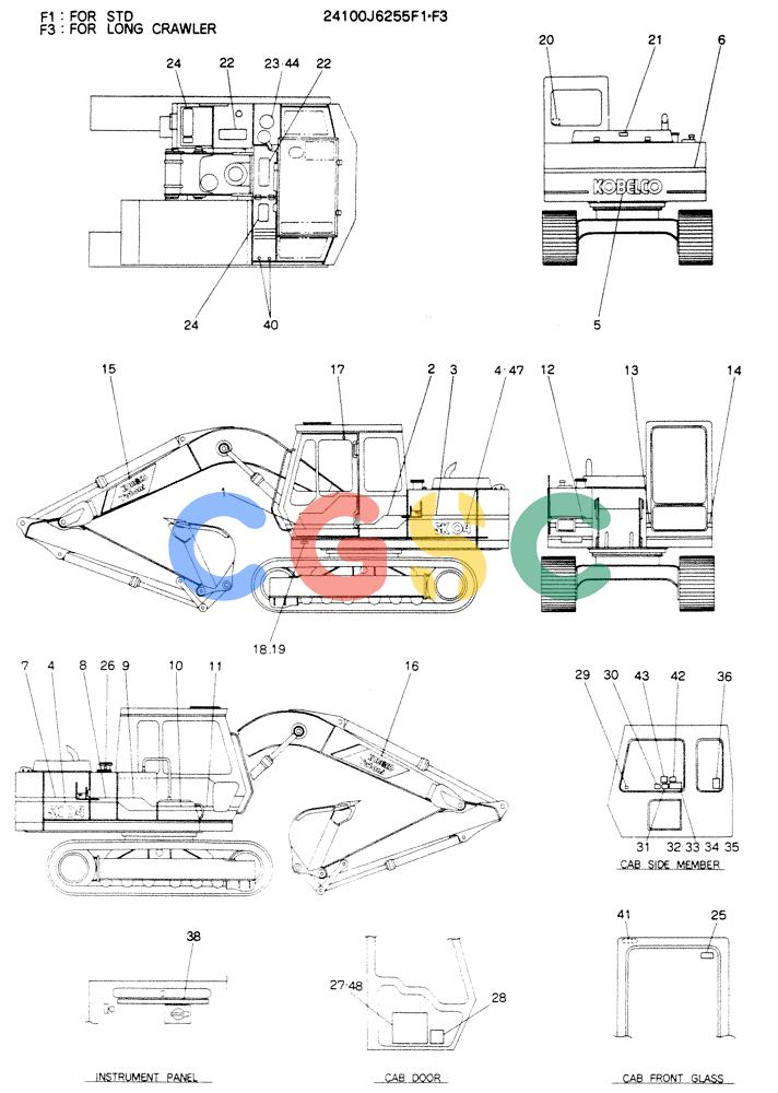 神钢零件查询(K904EL) - EXCAVATOR ASN LX1401 (1/86-12/03) (10-001[02]) - LABEL, NAME-PLATE, P/N 24100J6255F1, F3 Kobelco