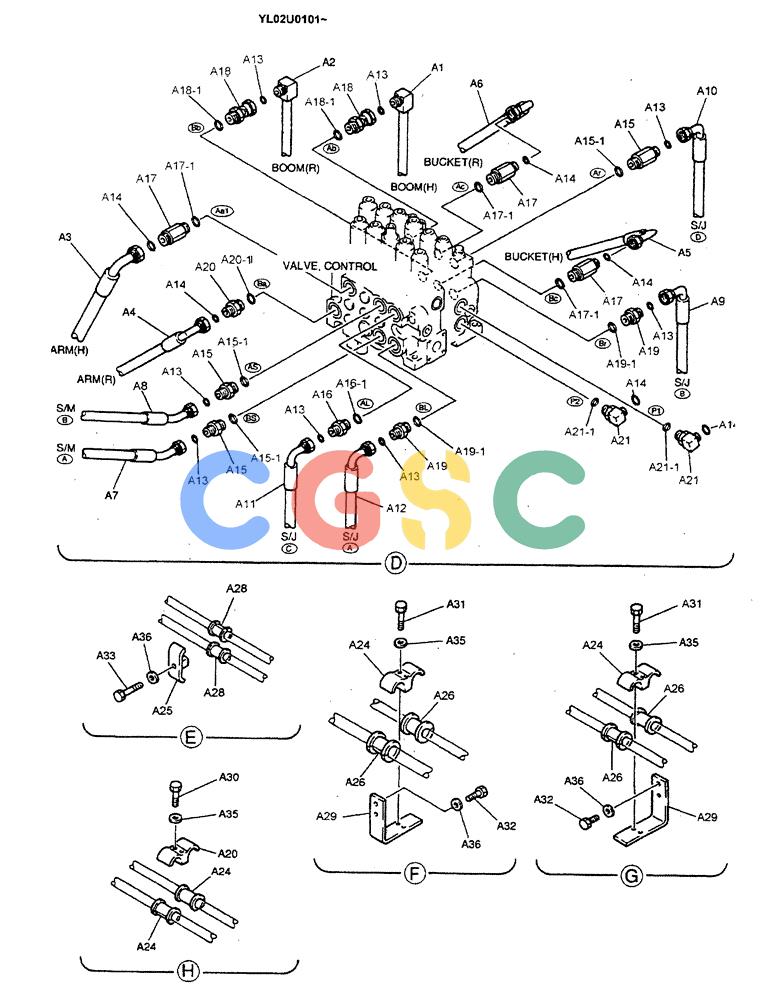 神钢零件查询(ED190LC) - BLADE RUNNER EXCAVATOR/DOZER BTW YL02U0101 - YL03U0135 (1/02-12/06) (01-021[02]) - HYD LINES, UPP (MAIN) Kobelco