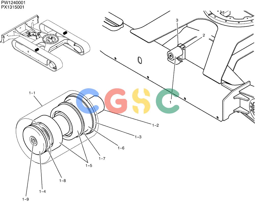 纽荷兰零件查询(E35SR) - COMPACT CRAWLER EXCAVATOR ASN PX13-15001 (N6TN61732) (NA) (1/06-) (02-007) - ROLLER ASSY, UPP New Holland Constructuion