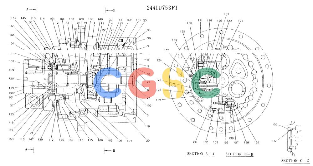 神钢零件查询(K904L) - MARK II EXCAVATOR BTW LX1501 - LX1525 (1/88-12/03) (11-023) - MOTOR ASSY, (PROPELLING) P/N 2441U753F1 Kobelco