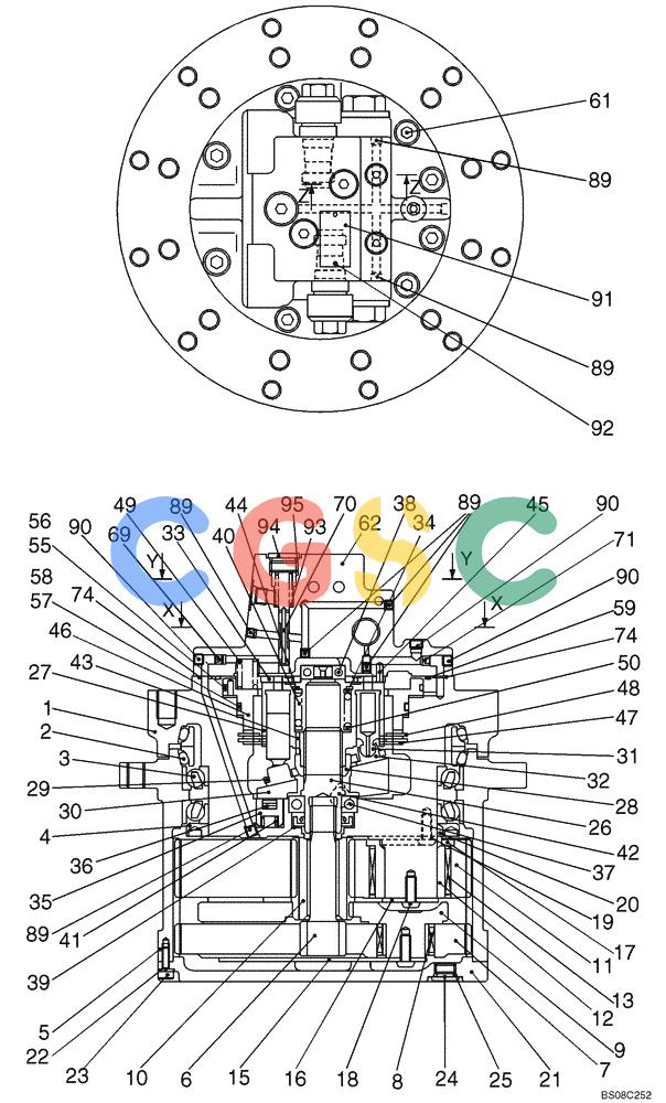 纽荷兰零件查询(E70BSR) - COMPACT CRAWLER EXCAVATOR BTW YT05-15001 - 18000 (NA) (4/08-) (08-05-00[01]) - MOTOR ASSEMBLY (PROPELLING), (YT15V00012F1), PAGE 1 OF 2 New Holland Constructuion