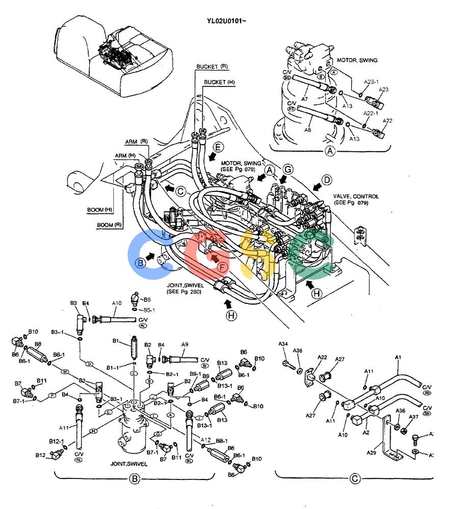 神钢零件查询(ED190LC) - BLADE RUNNER EXCAVATOR/DOZER BTW YL02U0101 - YL03U0135 (1/02-12/06) (01-021[01]) - HYD LINES, UPP (MAIN) Kobelco