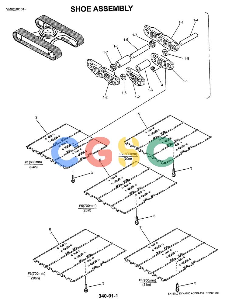 神钢零件查询(SK160LC) - DYNAMIC ACERA EXCAVATOR 11/2000 ASN YM02U0101 (11/00-12/02) (02-008) - SHOE ASSY Kobelco