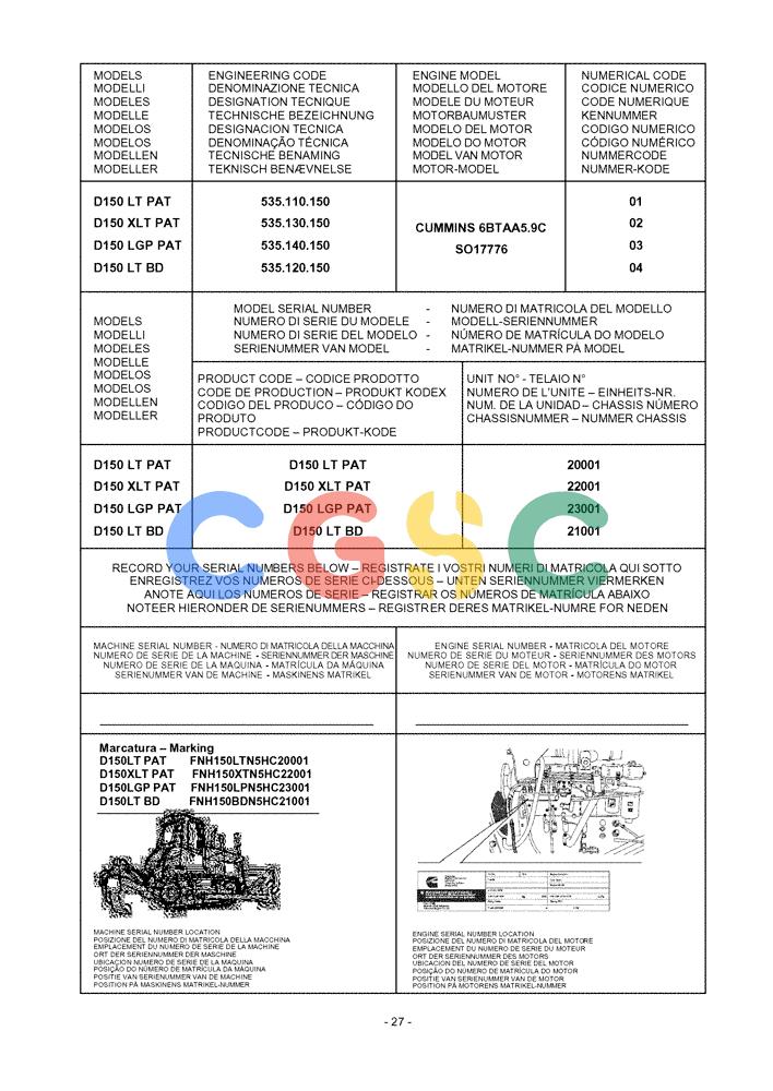 纽荷兰零件查询(D150) - CRAWLER DOZER (1/05-) (0 - VERSION[00]) - IDENTIFICATION AND VERSION LIST New Holland Constructuion