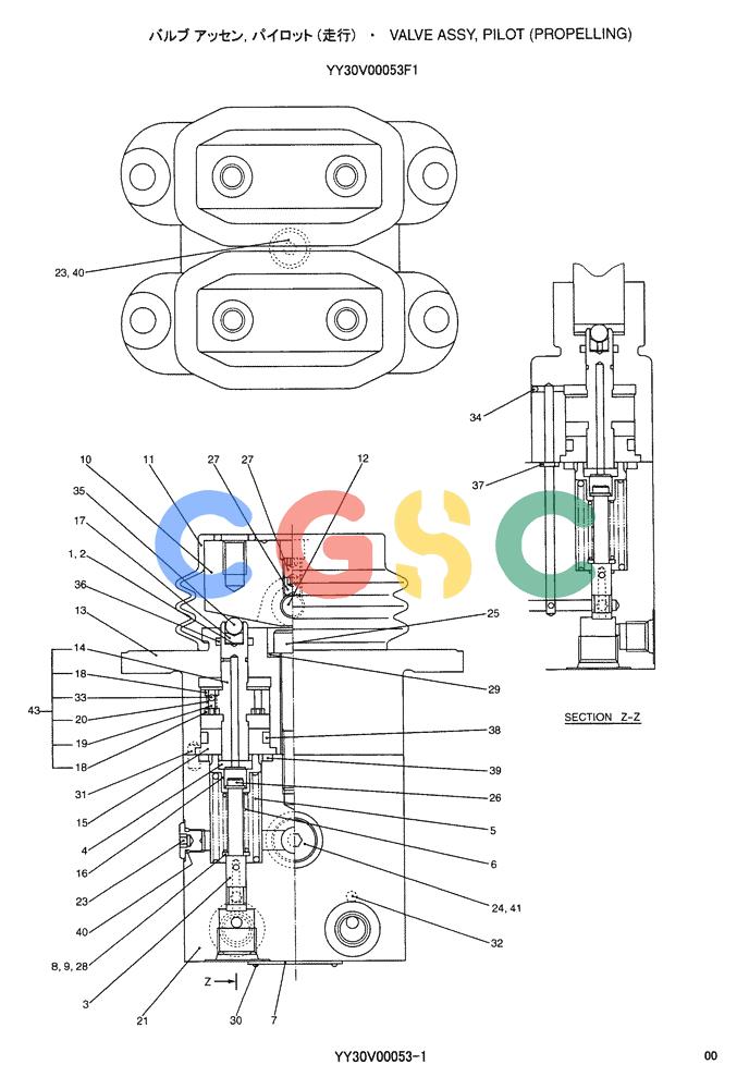 神钢零件查询(ED150-1E) - BLADE RUNNER EXCAVATOR/DOZER ASN YL05-00555 (11/03-12/04) (04-011) - VALVE ASSY, PILOT (PROPELLING) YY30V00053F1 Kobelco