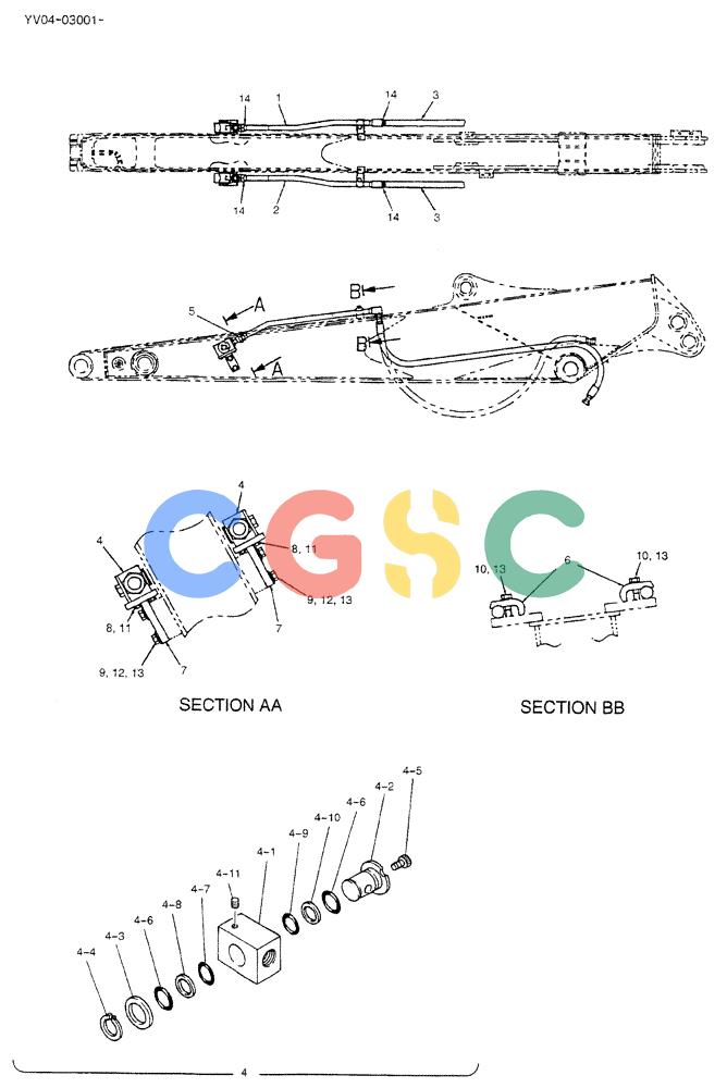 神钢零件查询(BREAKER) - ATTACHMENT (N&B) - SK115SR & SK135SR - ASN YV04, YY04, YH04-03001 (9/04-) (02-041) - HYD LINES, ARM 2.7M (NIBBLER & BREAKER) Kobelco