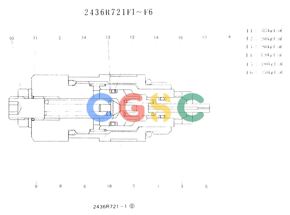 神钢零件查询(K907LC) - MARK II EXCAVATOR ASN YQ0565 (NA) (1/87-12/03) (11-004) - VALVE ASSY, RELIEF, P/N 2436R721F1-F6 Kobelco