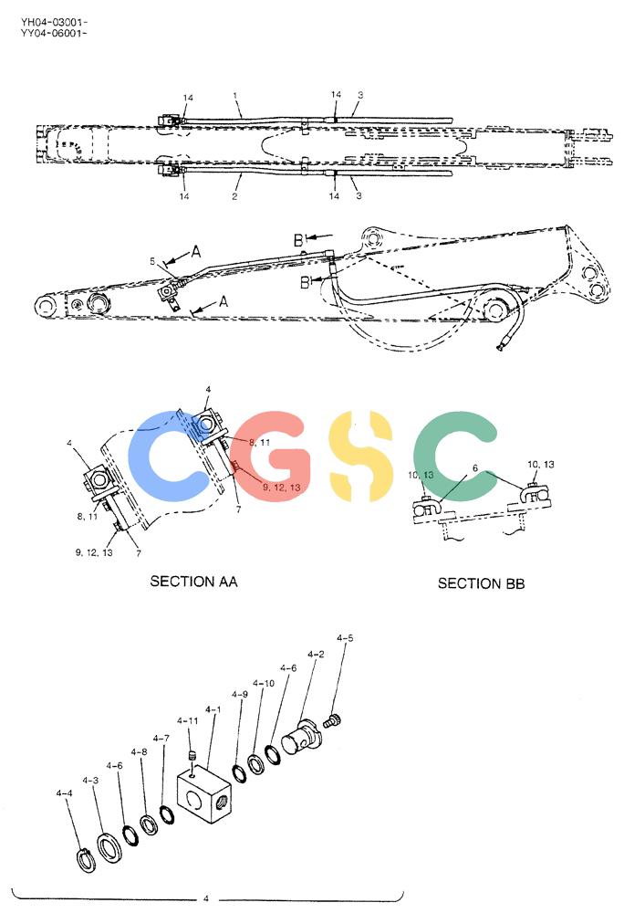 神钢零件查询(BREAKER) - ATTACHMENT (N&B) - SK115SR & SK135SR - ASN YV04, YY04, YH04-03001 (9/04-) (02-043) - HYD LINES, ARM 2.95M (NIBBLER & BREAKER) Kobelco