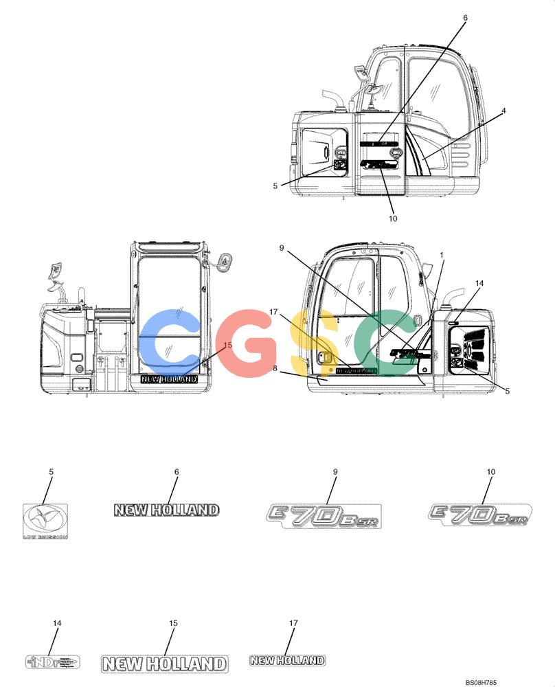 纽荷兰零件查询(E70BSR) - COMPACT CRAWLER EXCAVATOR BTW YT05-15001 - 18000 (NA) (4/08-) (07-05-00[00]) - NAME PLATE INSTALLATION (YT22T00130F1, YT22T00130F7 & YT22T00130FA) New Holland Constructuion