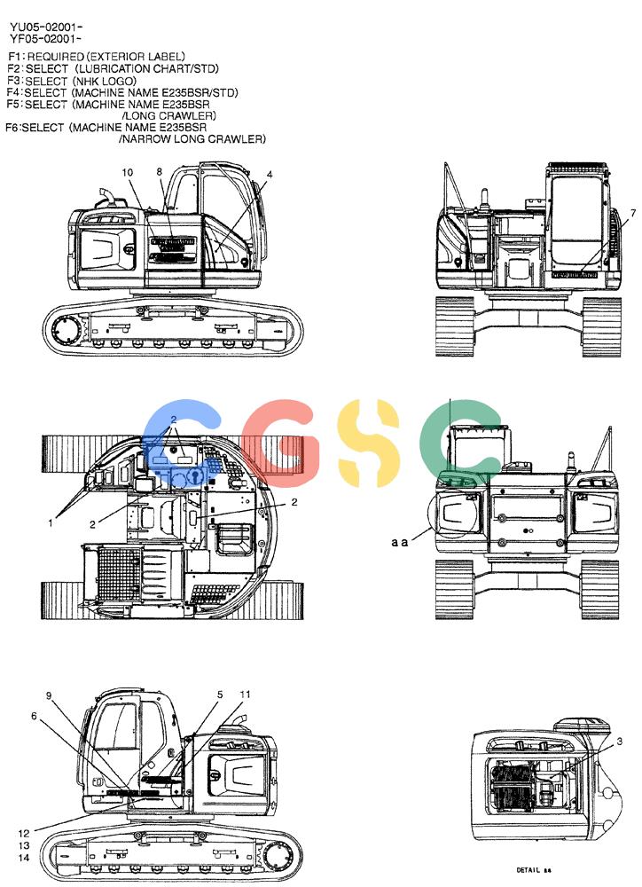 纽荷兰零件查询(E235BSRNLC) - CRAWLER EXCAVATOR ASN YU05-02001 (07-003[01]) - NAME PLATE INSTAL, P/N YB22T00063F1 New Holland Constructuion