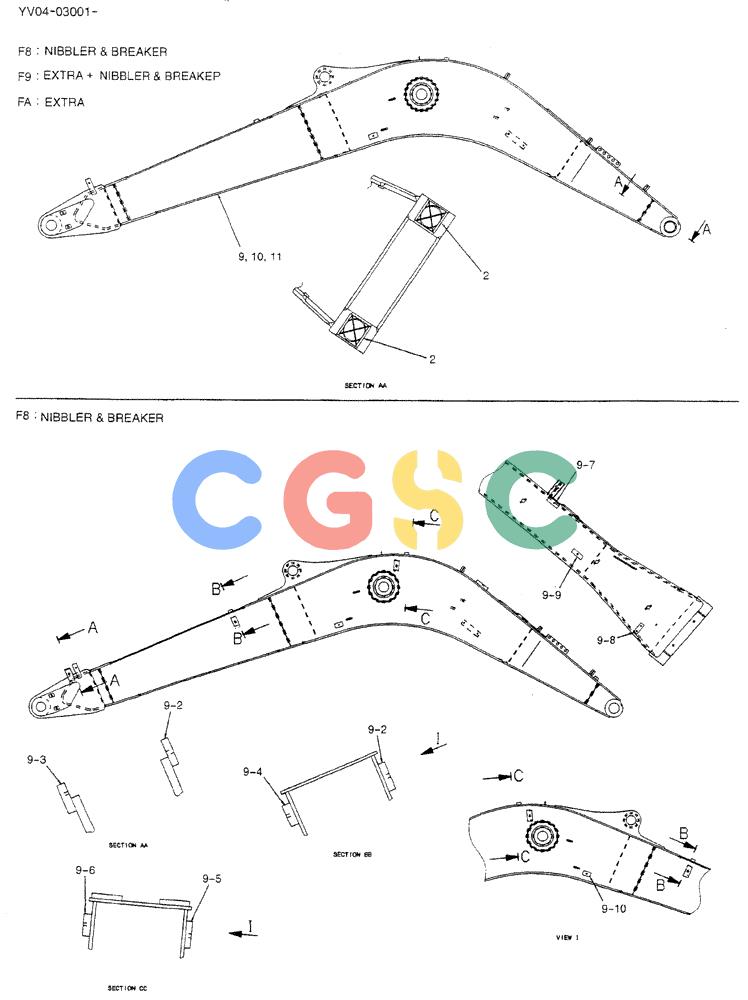 神钢零件查询(BREAKER) - ATTACHMENT (N&B) - SK115SR & SK135SR - ASN YV04, YY04, YH04-03001 (9/04-) (02-004[01]) - BOOM HOE, 4.26M (ARM SAFETY) Kobelco