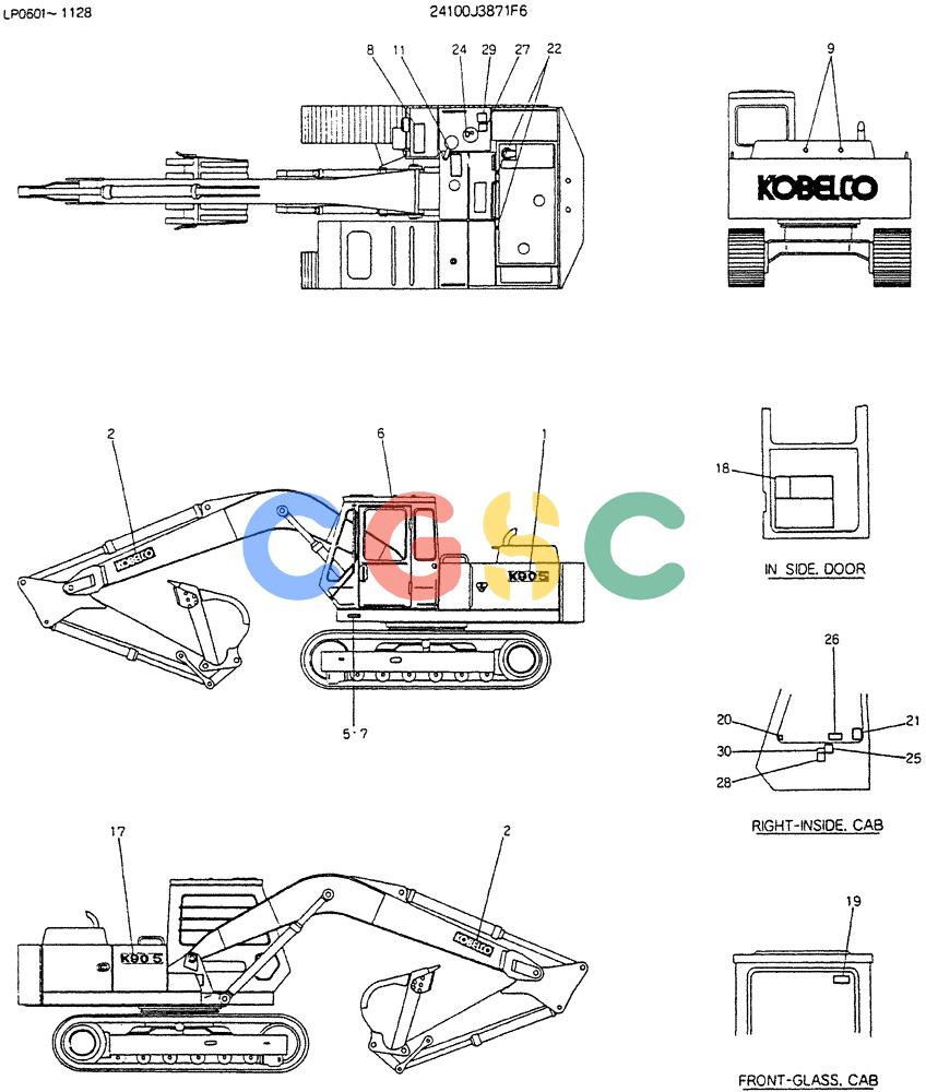 神钢零件查询(K905LC) - EXCAVATOR BTW YP0115 - YP0301 (1/85-12/03) (10-009) - LABLE,NAME- PLATE P/N 24100J3871F6 Kobelco