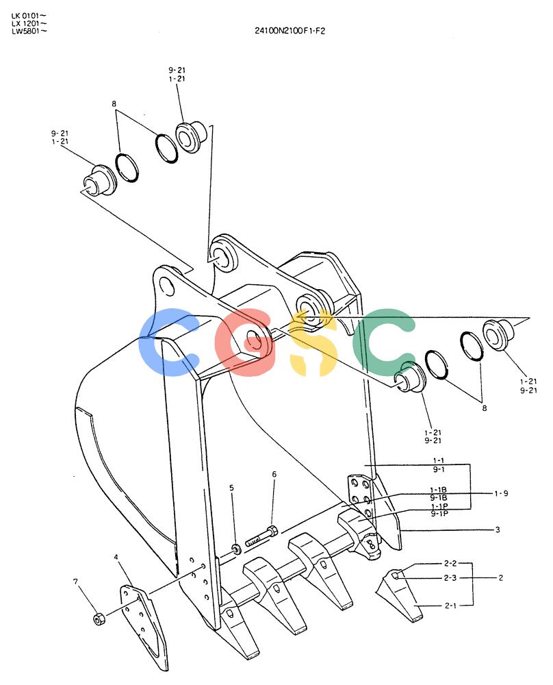 神钢零件查询(K904DL) - EXCAVATOR ASN LX1201 (1/84-12/03) (09-007) - BUCKET ASSY, 0.3M3 Kobelco