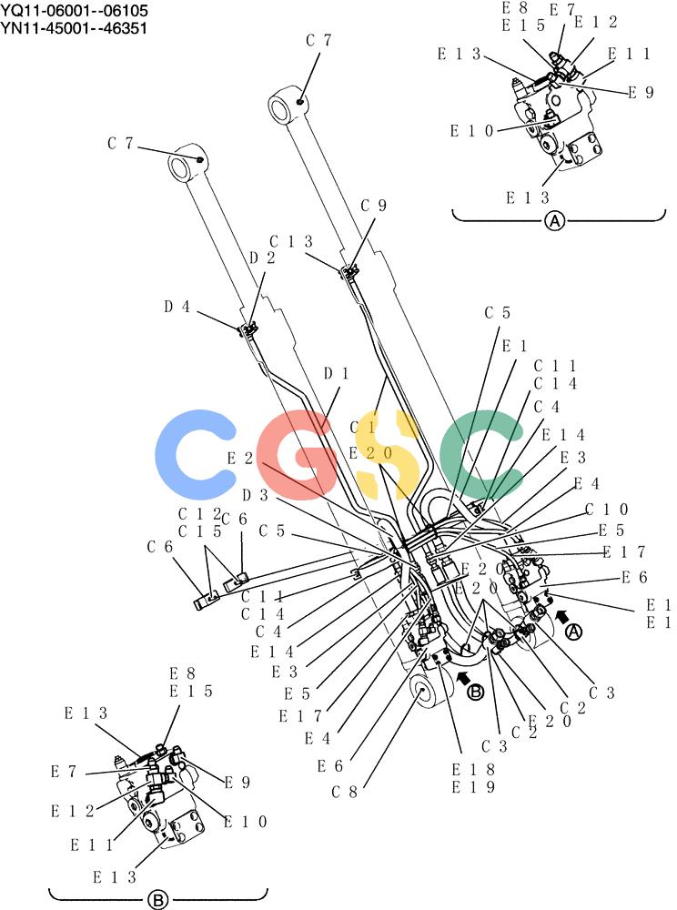 神钢零件查询(200-8) - EXCAVATOR S/N YN11-45001 - (1/06-12/09) (500-01-2) - HYD LINES, BOOM (BOOM SAFETY) Kobelco