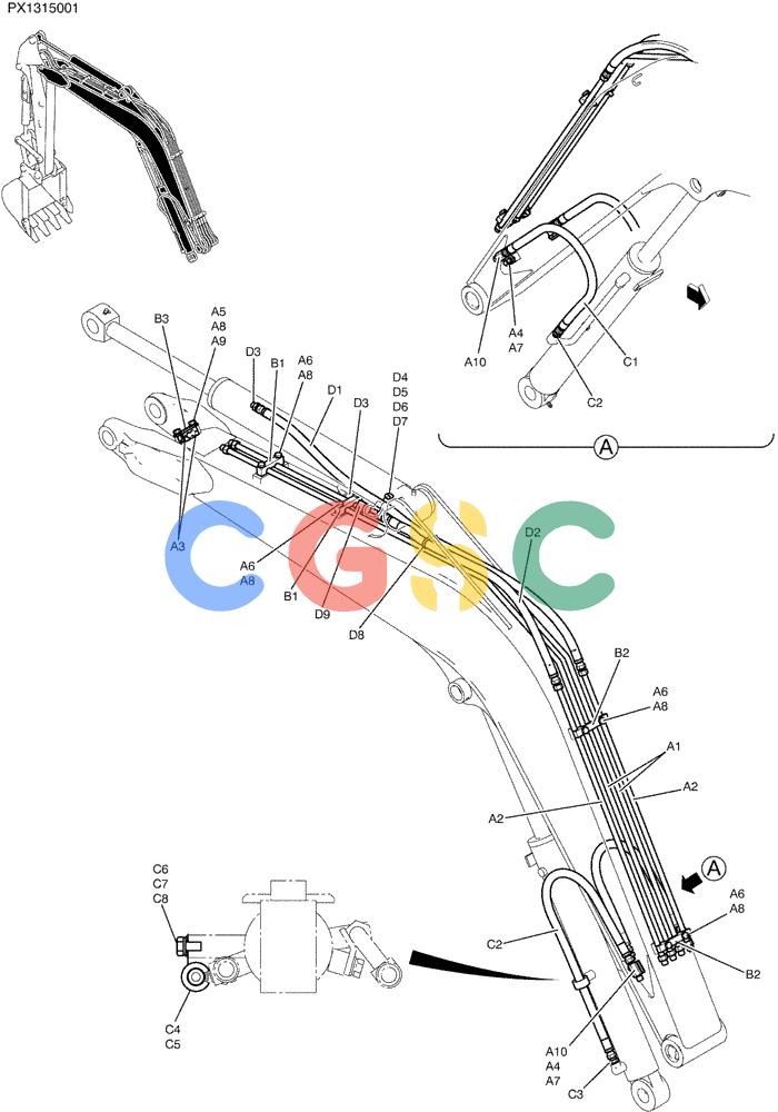 纽荷兰零件查询(E35SR) - COMPACT CRAWLER EXCAVATOR ASN PX13-15001 (N6TN61732) (NA) (1/06-) (03-002) - HYD LINES, BOOM, 2.5M (8FT 2 IN) New Holland Constructuion