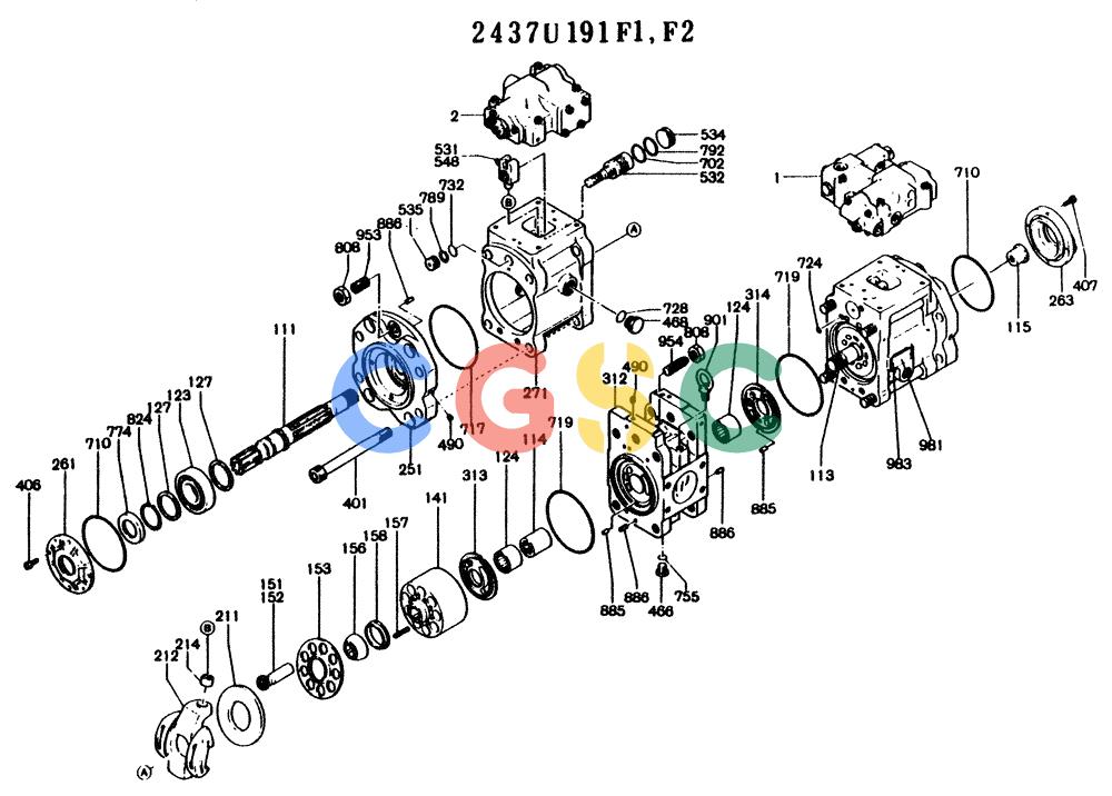 神钢零件查询(K904) - MARK II EXCAVATOR ASN YW1119 (1/88-12/03) (11-043) - PUMP ASSY, P/N 2437U191F1 Kobelco
