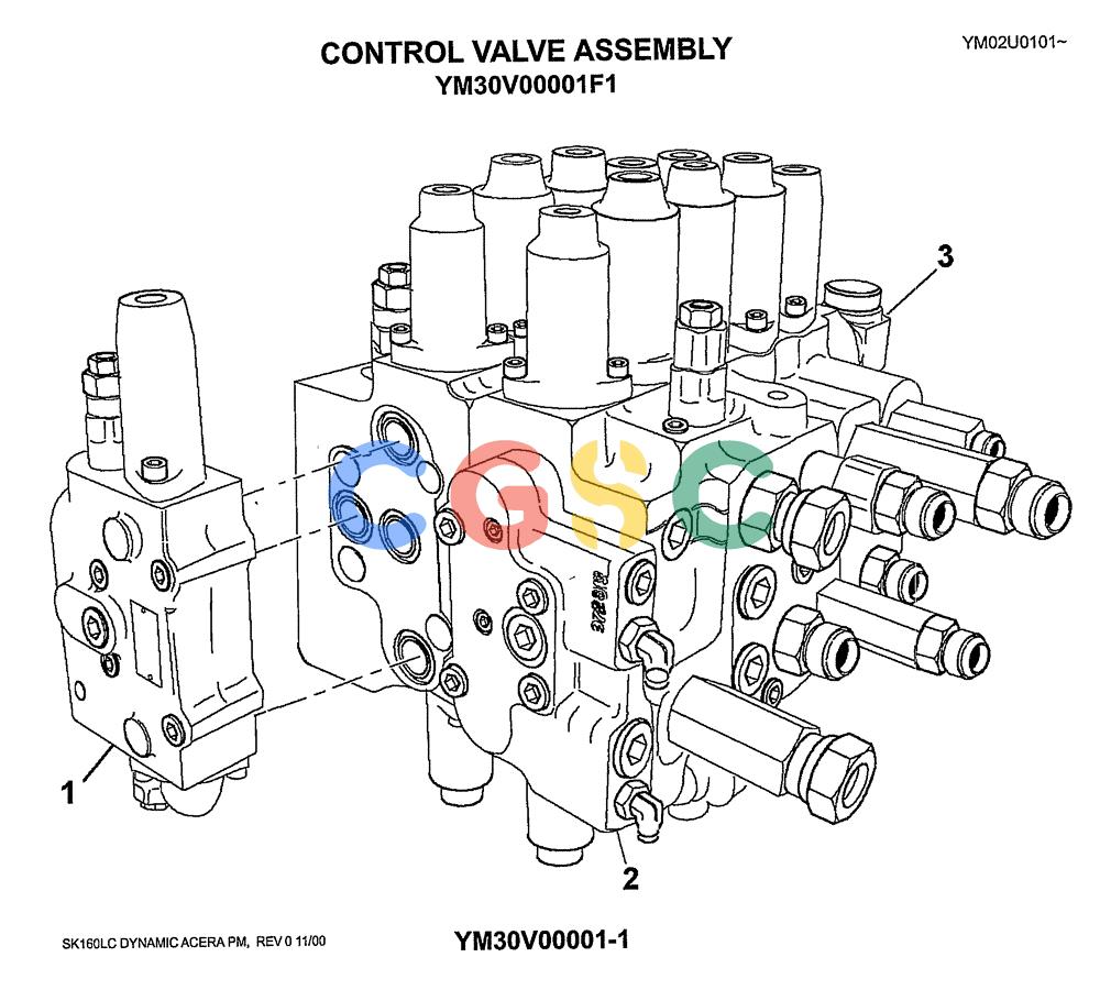 神钢零件查询(SK160LC) - DYNAMIC ACERA EXCAVATOR 11/2000 ASN YM02U0101 (11/00-12/02) (08-014) - CONTROL VALVE ASSY P/N YM30V00001F1 Kobelco