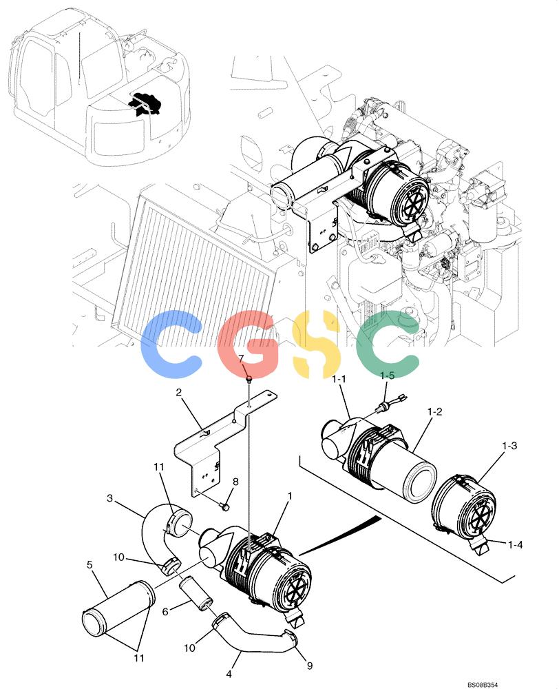 纽荷兰零件查询(E70BSR) - COMPACT CRAWLER EXCAVATOR BTW YT05-15001 - 18000 (NA) (4/08-) (02-10-00[00]) - AIR CLEANER ASSEMBLY (YT11P00008F1) New Holland Constructuion