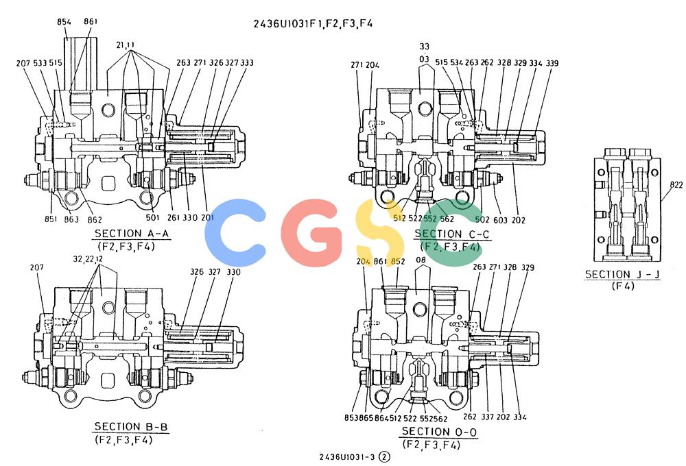 神钢零件查询(K909A) - EXCAVATOR ASN LQ0795 (1/83-12/03) (01-011[03]) - VALVE CONTROL, P/N 2436U1031 F1, F2, F3, F4, F5, F6 Kobelco