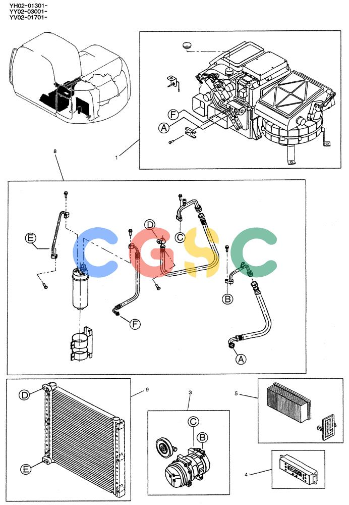 神钢零件查询(ED150-1E) - BLADE RUNNER EXCAVATOR/DOZER ASN YL05-00555 (11/03-12/04) (01-056) - CONDITIONER ASSY, AIR, P/N YV20M00003F3 Kobelco