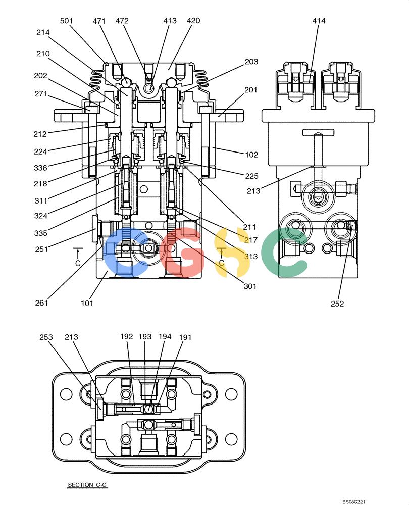 纽荷兰零件查询(E70BSR) - COMPACT CRAWLER EXCAVATOR BTW YT05-15001 - 18000 (NA) (4/08-) (08-26-00[00]) - VALVE ASSEMBLY, PILOT (PROPEL) (YN30V00070F1) New Holland Constructuion
