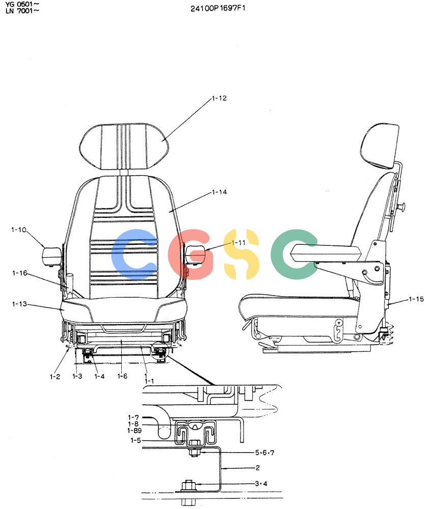 神钢零件查询(K907DLC) - EXCAVATOR ASN YG0501 (1/86-12/03) (02-012) - SEAT ASSY P/N 24100P1697F1 Kobelco