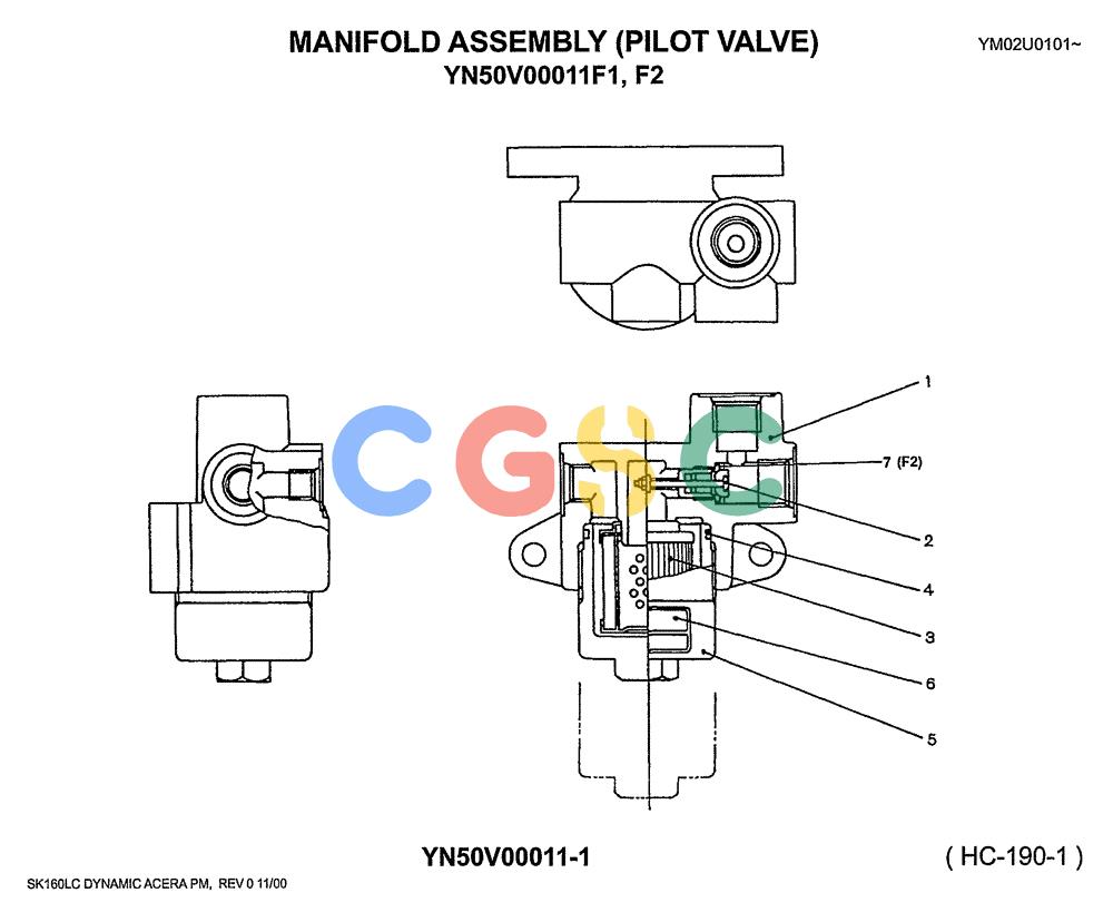 神钢零件查询(SK160LC) - DYNAMIC ACERA EXCAVATOR 11/2000 ASN YM02U0101 (11/00-12/02) (08-024) - MANIFOLD ASSY (PILOT VALVE) P/N YN50V00011F1 & YN50V00011F2 Kobelco