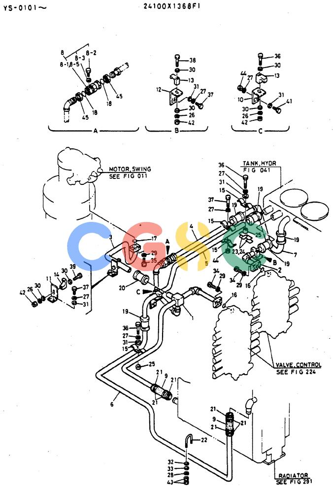 神钢零件查询(MD400LC) - EXCAVATOR BTW YS0101 - YS0200 (1/80-12/06) (04-001) - HYDR LINES, UPP/ P.N. 24100X1368F1 Kobelco
