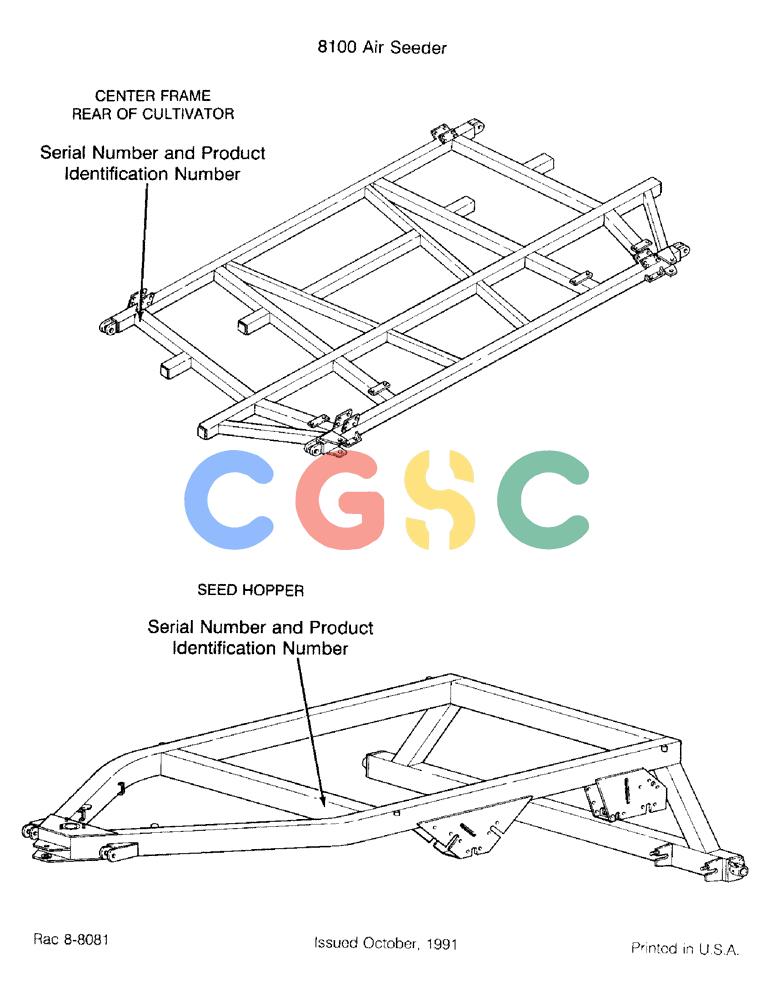 凯斯零件查询(8100) - CASE IH AIR SEEDER (8/91-12/92) (1-2) - CENTER FRAME REAR OF CULTIVATOR AND SPEED HOPPER, SERIAL NUMBER AND PRODUCT IDENTIFICATION NUMBER Case Agriculture