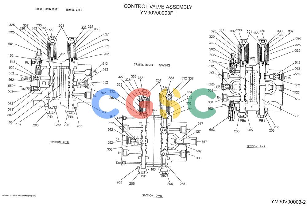 神钢零件查询(SK160LC) - DYNAMIC ACERA EXCAVATOR 11/2000 ASN YM02U0101 (11/00-12/02) (08-016[02]) - CONTROL VALVE ASSY P/N YM30V00003F1 Kobelco