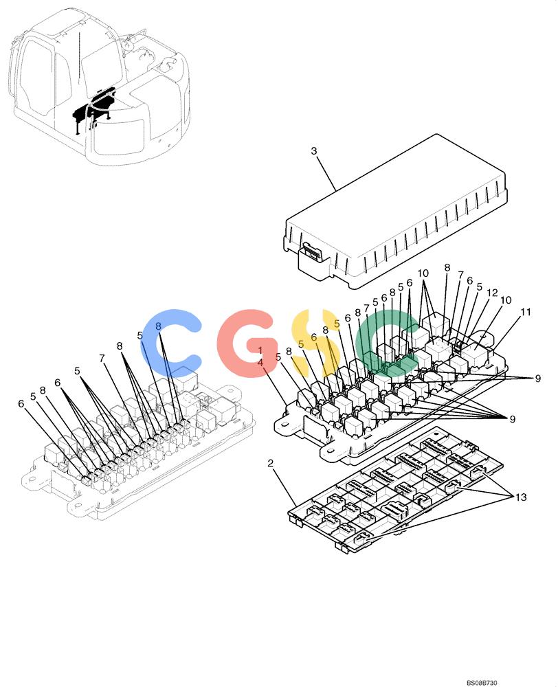纽荷兰零件查询(E70BSR) - COMPACT CRAWLER EXCAVATOR BTW YT05-15001 - 18000 (NA) (4/08-) (02-57-00[00]) - RELAY BOX ASSEMBLY (YY24E00008F2) New Holland Constructuion