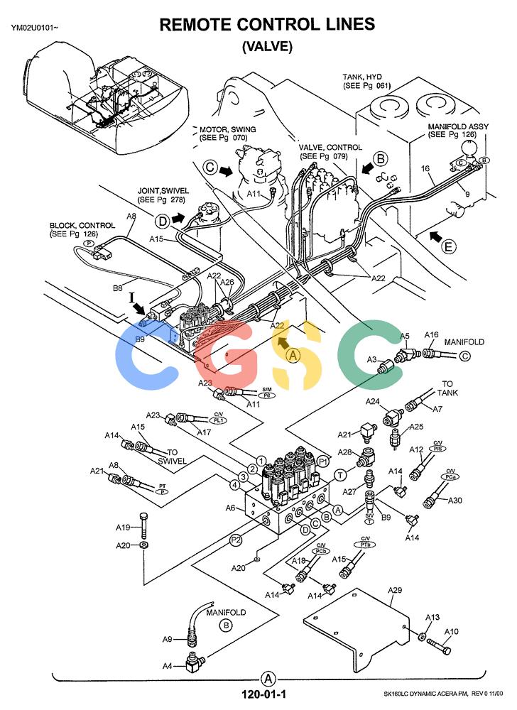 神钢零件查询(SK160LC) - DYNAMIC ACERA EXCAVATOR 11/2000 ASN YM02U0101 (11/00-12/02) (01-033[01]) - REMOTE CONTROL LINES (VALVE) Kobelco