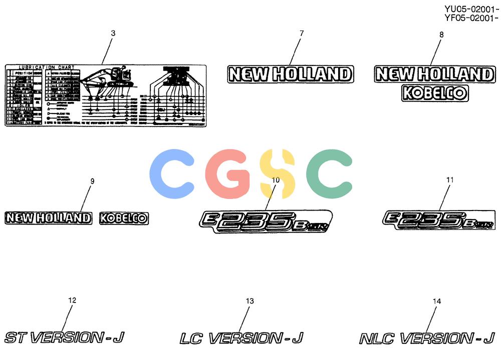 纽荷兰零件查询(E235BSRNLC) - CRAWLER EXCAVATOR ASN YU05-02001 (07-003[02]) - NAME PLATE INSTAL, P/N YB22T00063F1 New Holland Constructuion
