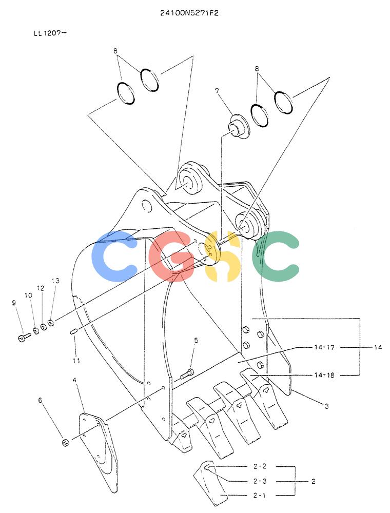 神钢零件查询(K909LC) - MARK II EXCAVATOR BTW LL1207 - LL1487 (1/87-12/03) (09-011) - BUCKET ASSY, 0.3M3 (60FT LONG RANGE) Kobelco