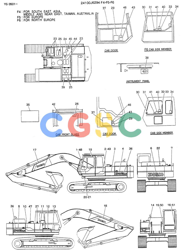 神钢零件查询(K907DLC) - EXCAVATOR ASN YG0501 (1/86-12/03) (10-006[03]) - LABEL, NAME-PLATE P/N 24100J6294F6 Kobelco
