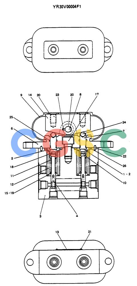 神钢零件查询(SK130LC) - EXCAVATOR BTW YPU1001 - YPU2000 (1/98-12/98) (12-043) - VALVE ASSY PILOT (YN30V00004F1) Kobelco